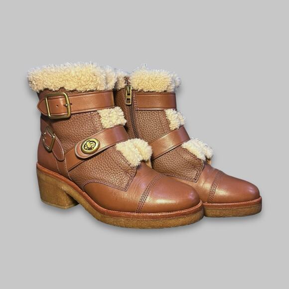 Coach Preston Shearling-Lined Brown Leather Ankle Boots – Women’s Size 8.5B - Picture 1 of 6